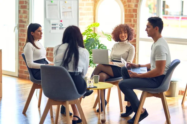 Group Business Workers Smiling Happy Confident Sitting Chairs Relaxed Smile — 스톡 사진