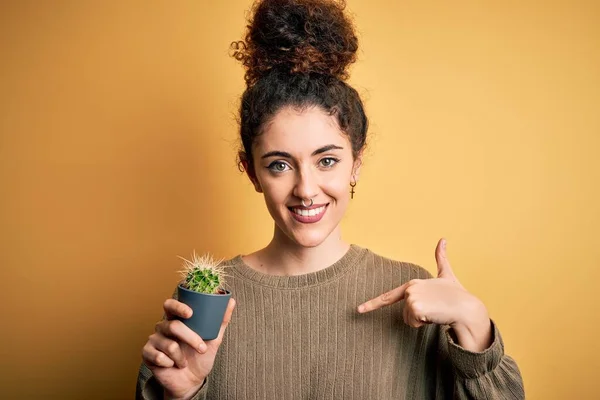 Junge Schöne Frau Mit Lockigem Haar Und Durchdringendem Haltetopf Mit — Stockfoto