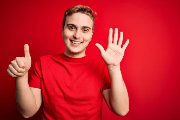 Young Handsome Redhead Man Wearing Casual Shirt Isolated Red Background — Stock Photo, Image