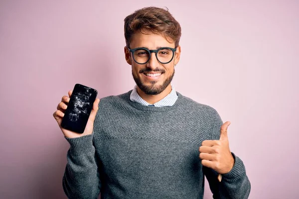 Young Man Beard Wearing Glasses Holding Broken Craked Smartphone Happy — Stock Photo, Image