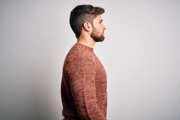 Young Blond Man Beard Blue Eyes Wearing Casual Sweater White — Stock Photo, Image