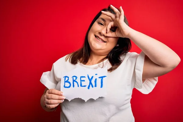 Piękny Size Kobieta Trzymając Brexit Sztandar Referendum Politycznego Europie Szczęśliwą — Zdjęcie stockowe