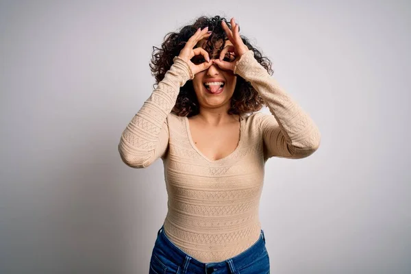 Young Beautiful Curly Arab Woman Wearing Casual Shirt Glasses White — Stock Photo, Image