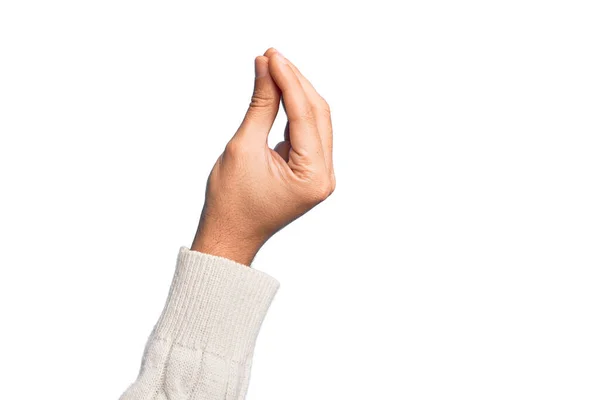 用手指在孤立的白色背景上伸出手指的高加索年轻人的手 用手指一起做意大利手势 做交流手势动作 — 图库照片