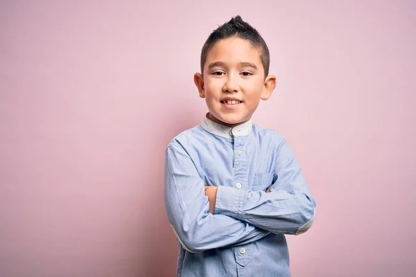 Young Little Boy Kid Wearing Elegant Shirt Standing Pink Isolated — ストック写真