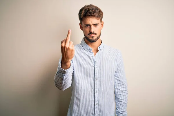 Young Handsome Man Beard Wearing Striped Shirt Standing White Background — Stockfoto