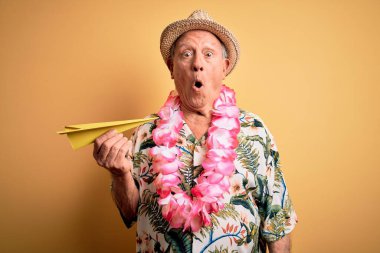 Beyaz saçlı, yaz şapkası takan ve elinde kağıt uçakla gezen Hawaii 'li yaşlı bir adam. Şok olmuş, korkmuş ve korku ifadesinden heyecanlanmış bir halde.