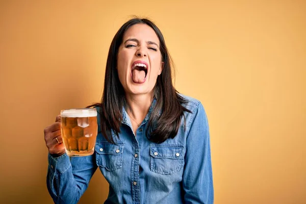 Young Woman Blue Eyes Drinking Jar Beer Standing Isolated Yellow — Stock Photo, Image