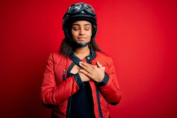 Young African American Motorcyclist Girl Wearing Moto Helmet Glasses Red — Stock Photo, Image