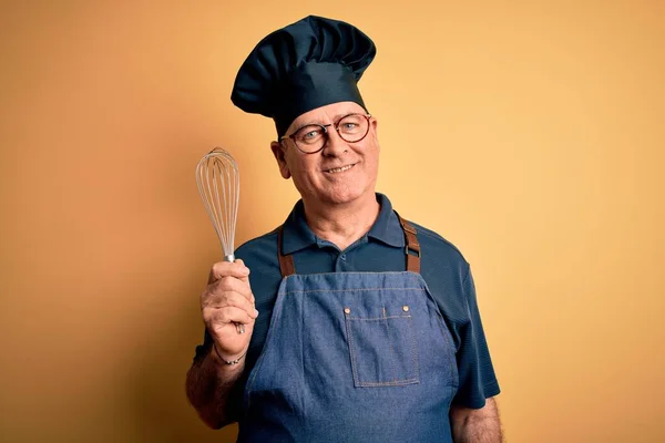 Middle Age Hoary Cooker Man Wearing Apron Hat Holding Whisk — Stock Photo, Image