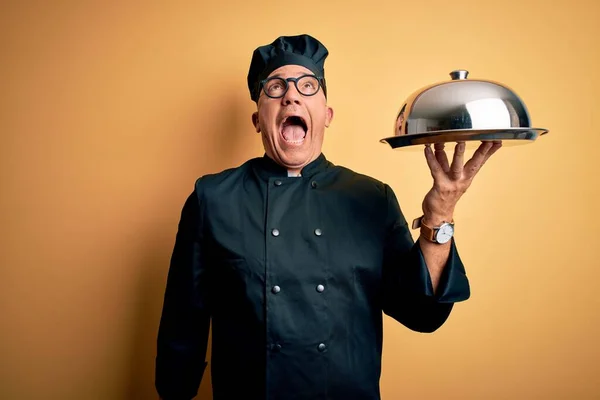 Middle Age Handsome Grey Haired Waiter Man Wearing Cooker Uniform — Stock Photo, Image