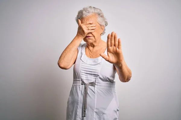 Senior Beautiful Grey Haired Woman Wearing Casual Summer Dress White — Stock Photo, Image