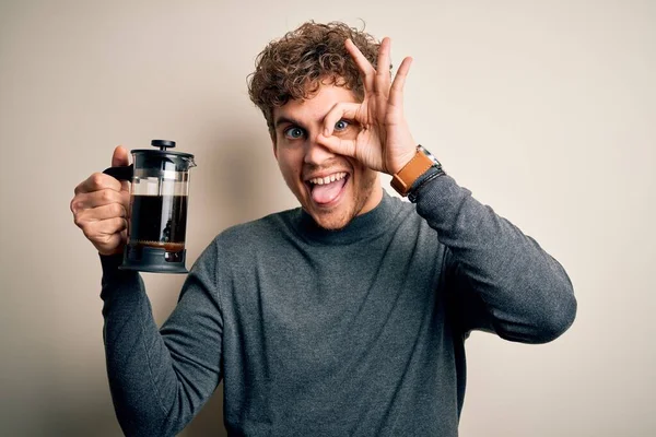 Young Blond Man Curly Hair Making Coffee Using Coffemaker White — Stock Photo, Image