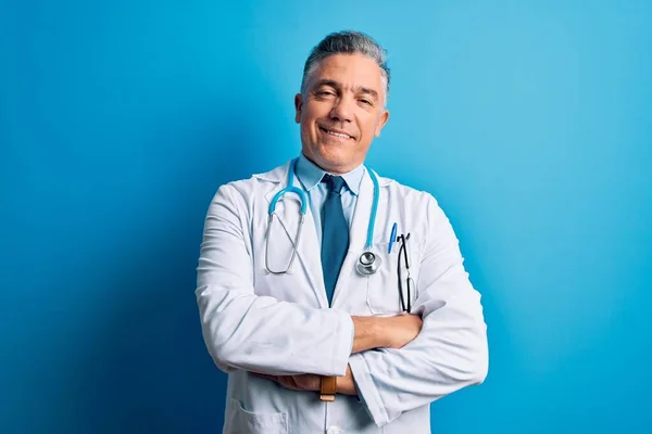 Middle Age Handsome Grey Haired Doctor Man Wearing Coat Blue — Stock Photo, Image