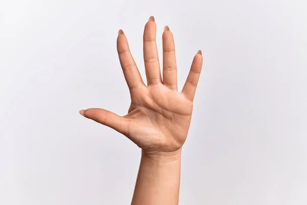 Hand of caucasian young woman counting number 5 showing five fingers