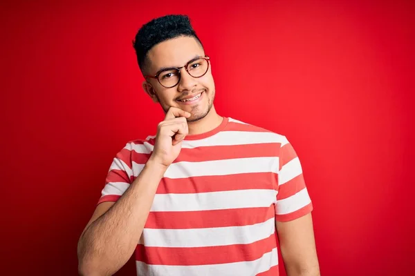 Young Handsome Man Wearing Casual Striped Shirt Glasses Isolated Red — Stock Photo, Image