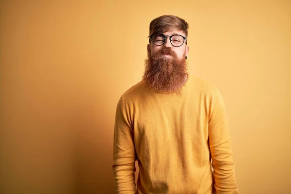 Handsome Irish Redhead Man Beard Wearing Glasses Yellow Isolated Background — Stock Photo, Image