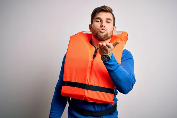 Young Blond Tourist Man Beard Blue Eyes Wearing Lifejacket White — Stock Photo, Image