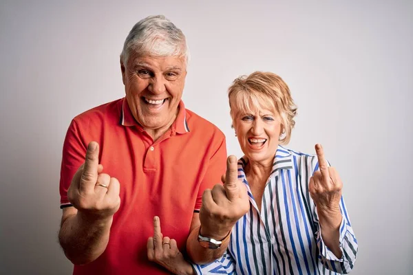 Senior Beautiful Couple Standing Together Isolated White Background Showing Middle — Stock Photo, Image