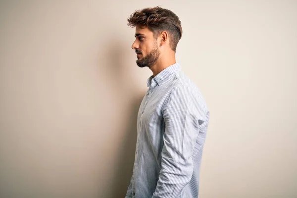 Young Handsome Man Beard Wearing Striped Shirt Standing White Background — Stock Photo, Image