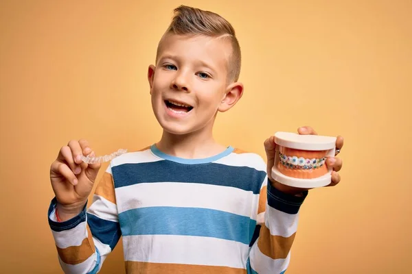Little Kid Boy Holding Professional Orthodontic Denture Metal Braces Removable — Stock Photo, Image