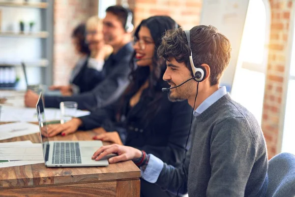 Group Call Center Workers Smiling Happy Confident Working Together Smile — Stock Photo, Image