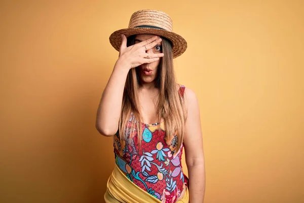 Young Beautiful Blonde Woman Wearing Swimsuit Summer Hat Yellow Background — Stock Photo, Image