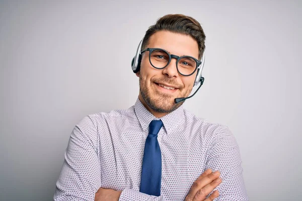 Young Call Center Operator Business Man Blue Eyes Wearing Glasses — Stock Photo, Image