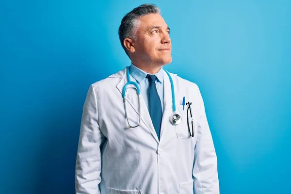 Middle Age Handsome Grey Haired Doctor Man Wearing Coat Blue — Stock Photo, Image