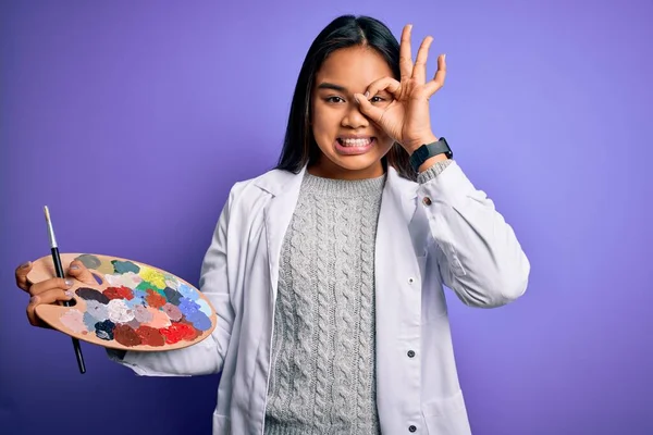 Joven Artista Asiático Chica Pintura Usando Pincel Paleta Con Colores — Foto de Stock