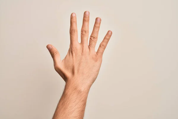 Mão Jovem Caucasiano Mostrando Dedos Sobre Fundo Branco Isolado Contando — Fotografia de Stock