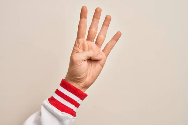 Mano Joven Caucásico Mostrando Dedos Sobre Fondo Blanco Aislado Contando — Foto de Stock