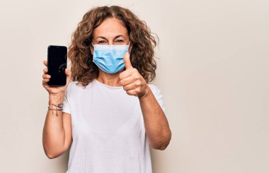 Orta yaşlı kadın koronavirüs koruma maskesi takıyor. Akıllı telefon boş ekranında gülümsüyor, gülümsüyor ve olumlu bakıyor.