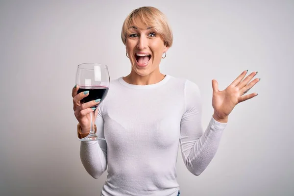 Young Blonde Woman Short Hair Drinking Glass Red Wine Isolated — Stock Photo, Image
