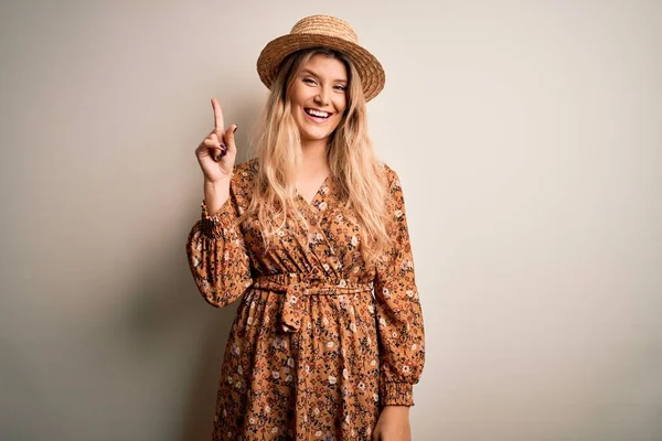 Jovem Bela Mulher Loira Vestindo Vestido Verão Chapéu Sobre Fundo — Fotografia de Stock