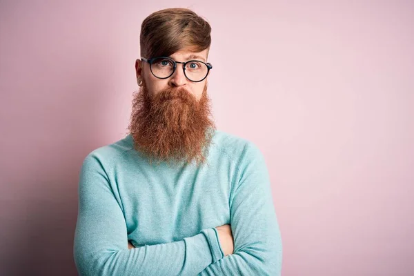 Handsome Irish Redhead Man Beard Wearing Glasses Pink Isolated Background — Stock Photo, Image