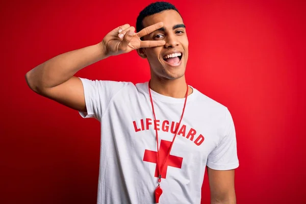 Young Handsome African American Lifeguard Man Wearing Shirt Red Cross — Stock Photo, Image