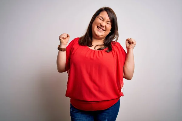 Beautiful Brunette Size Woman Wearing Casual Red Shirt Isolated White — Stock Photo, Image