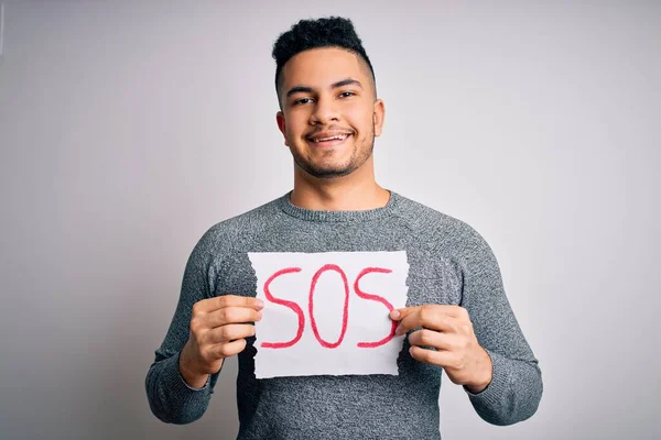 Junger Gutaussehender Mann Mit Problemen Ein Banner Mit Der Botschaft — Stockfoto