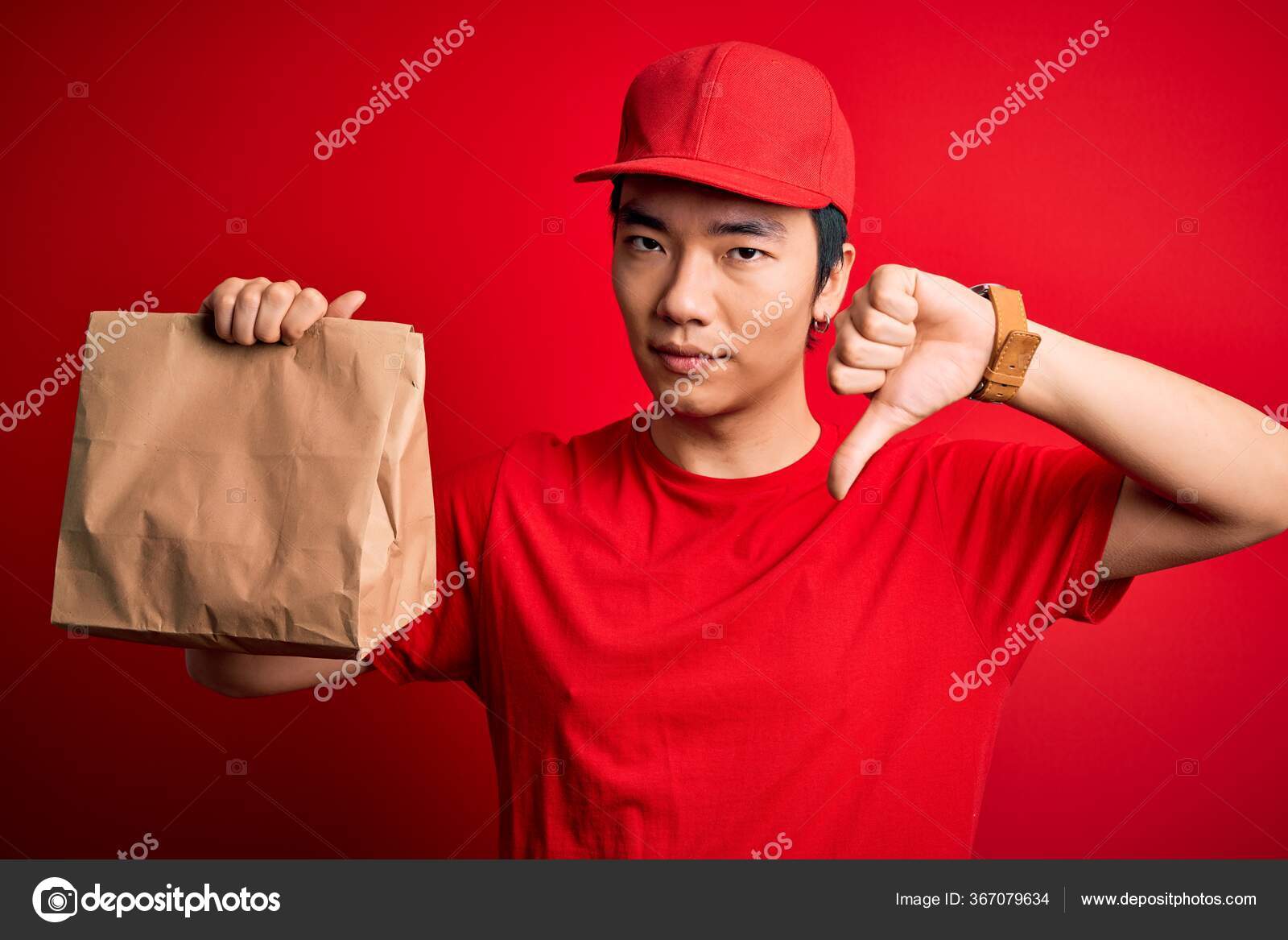 Young Handsome Chinese Delivery Man Holding Takeaway Paper Bag Food