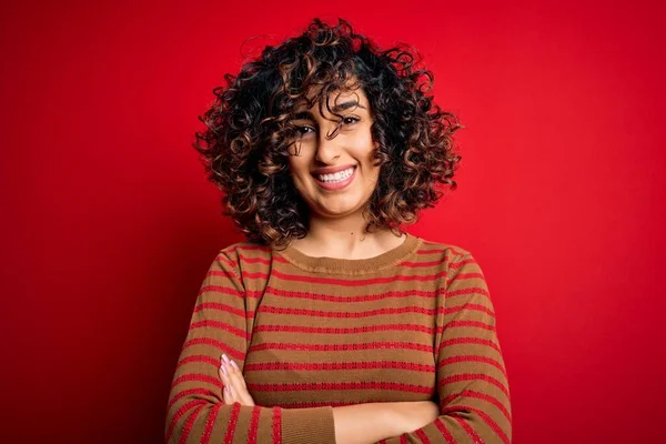 Young Beautiful Curly Arab Woman Wearing Casual Striped Sweater Standing — Stock Photo, Image