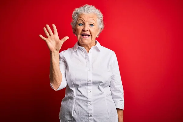 Senior Mooie Vrouw Dragen Elegante Shirt Staan Geïsoleerde Rode Achtergrond — Stockfoto