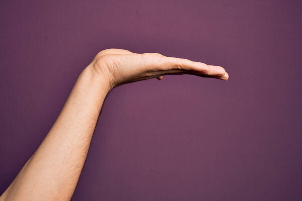 Hand of caucasian young man showing fingers over isolated purple background with flat palm presenting product, offer and giving gesture, blank copy space