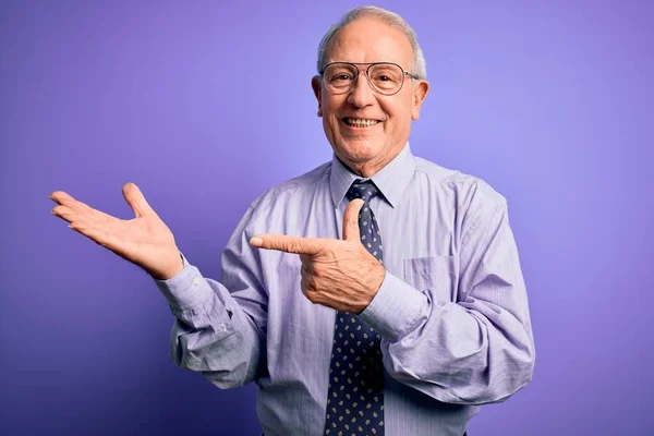 Grey Haired Senior Business Man Wearing Glasses Standing Purple Isolated — Stock Photo, Image