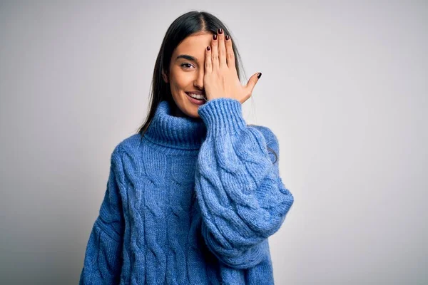 Young Beautiful Brunette Woman Wearing Casual Turtleneck Sweater White Background — Stock Photo, Image