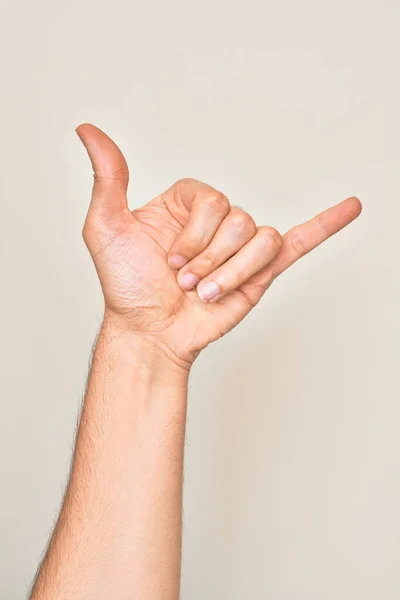 Hand Caucasian Young Man Showing Fingers Isolated White Background Gesturing — Stock Photo, Image