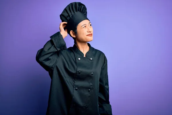 Young Beautiful Chinese Chef Woman Wearing Cooker Uniform Hat Purple — Stock Photo, Image