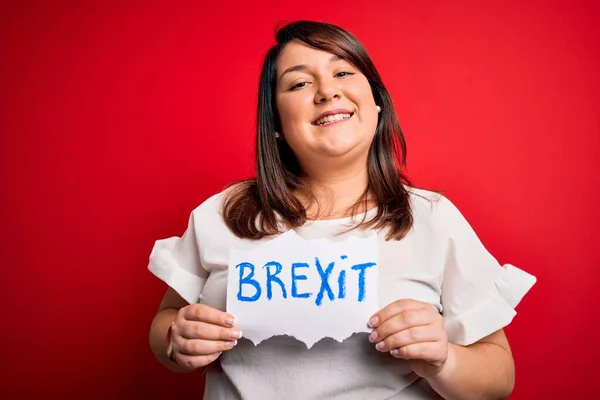Красива Жінка Плюс Розмір Тримає Банер Brexit Політичного Референдуму Європі — стокове фото