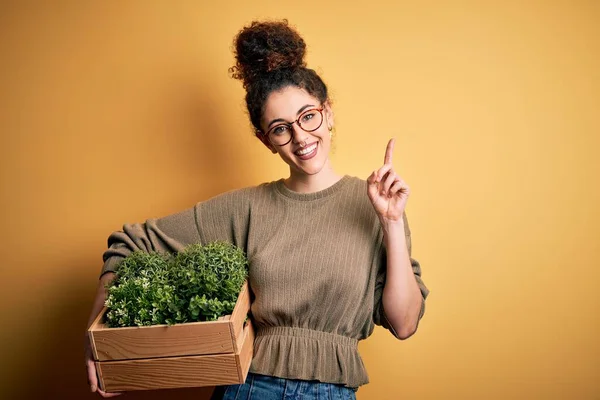 若いです美しい庭師の女性との巻き毛とピアス植物と木製の箱幸せな顔を持つアイデアや質問指差し指で驚いて ナンバーワン — ストック写真