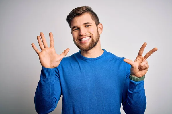 Young Handsome Blond Man Beard Blue Eyes Wearing Casual Sweater — Stock Photo, Image